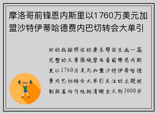 摩洛哥前锋恩内斯里以1760万美元加盟沙特伊蒂哈德费内巴切转会大单引关注