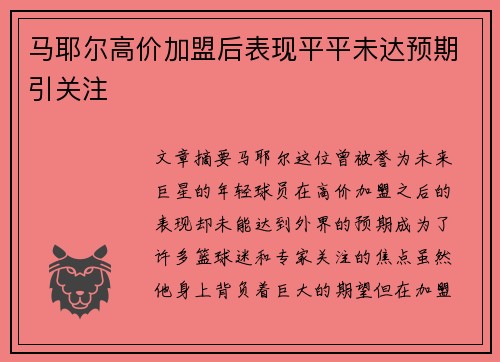 马耶尔高价加盟后表现平平未达预期引关注