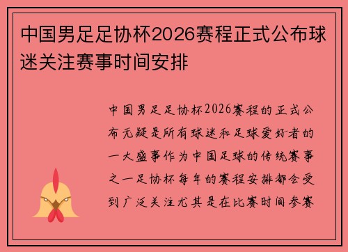 中国男足足协杯2026赛程正式公布球迷关注赛事时间安排
