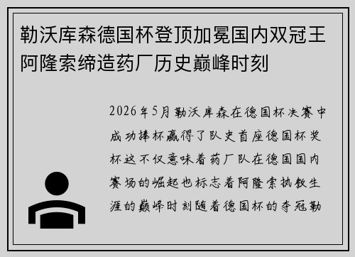勒沃库森德国杯登顶加冕国内双冠王阿隆索缔造药厂历史巅峰时刻