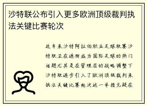 沙特联公布引入更多欧洲顶级裁判执法关键比赛轮次